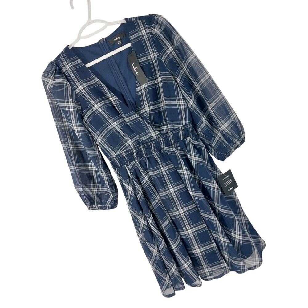NWT! LULU'S! NAVY BLUE & WHITE PLAID CHIFFON POUF SLEEVE V-NECK DRESS! SZ XS